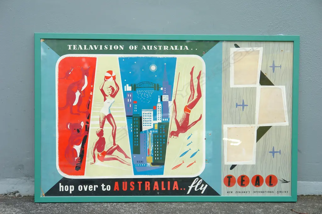 A vintage Teal Airline advertising poster 'Tealavision Of Australia... hop over to Australia... fly' Image 1++