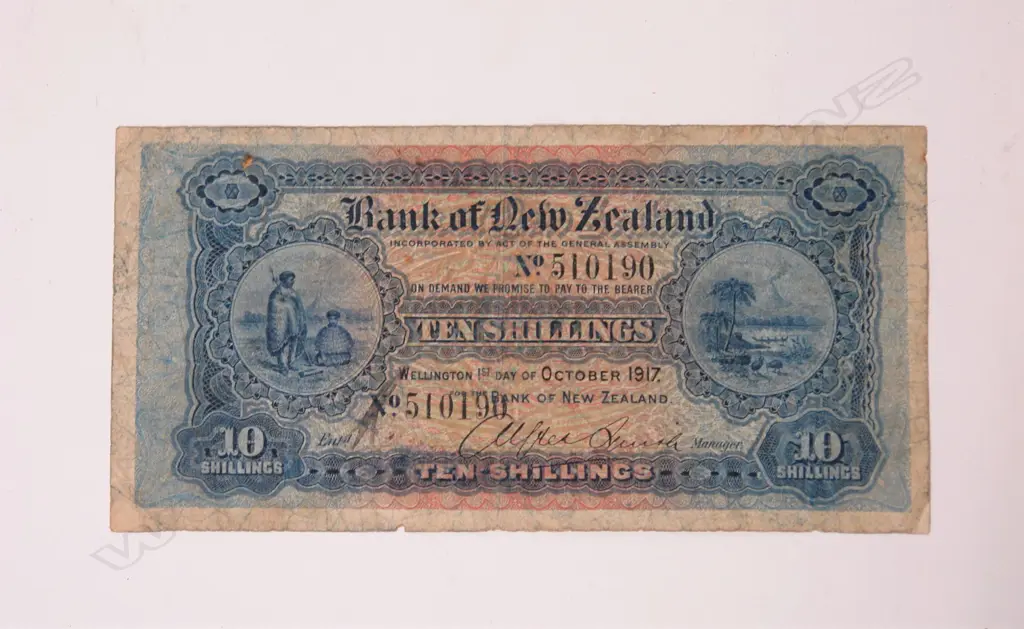 Bank of New Zealand seventh issue ten shillings 1917 bank note Image 1++
