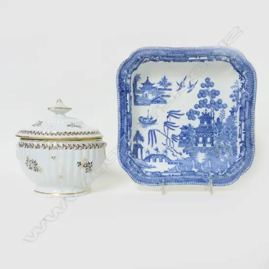 An early Bellevue Pottery Willow pattern blue and white square dish