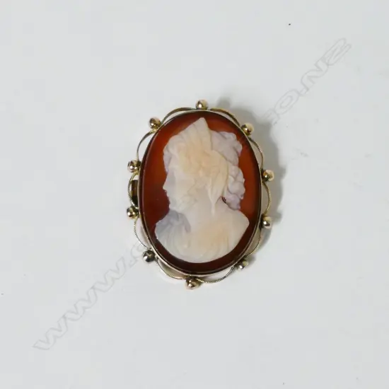 An antique 9ct. gold and agate cameo brooch