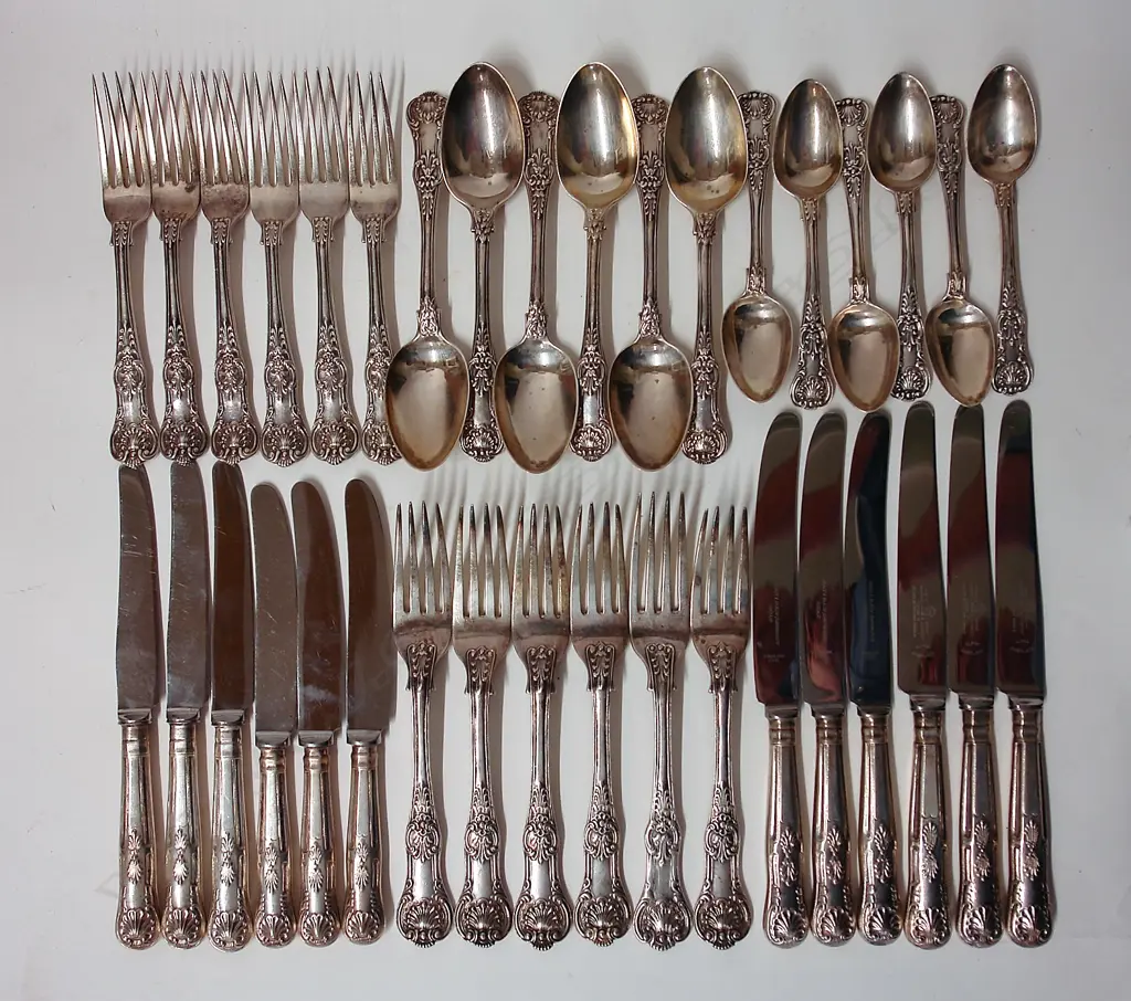 A William IV and Victorian heavy silver six place setting of King's pattern cutlery service Image 1++