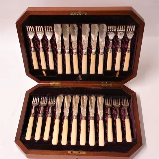 A Victorian silver and ivory handled 12 place fish service canteen