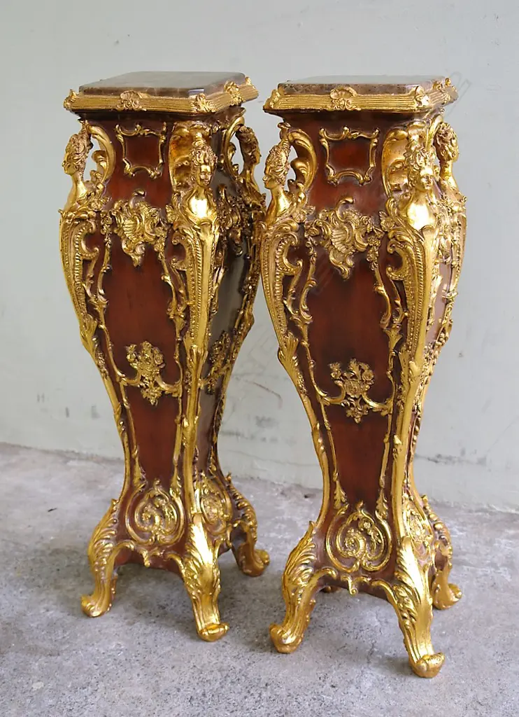 A pair of decorative modern French style torchières with brown faux marble tops Image 1++