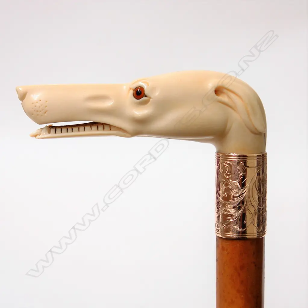 A quality 19thC carved ivory greyhound handled walking stick Image 1++
