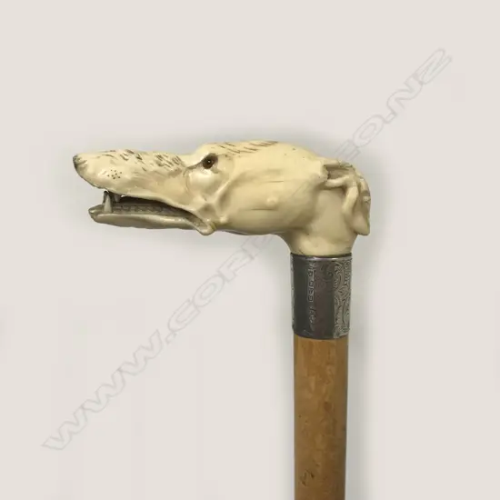 A carved ivory dog's head handled walking stick