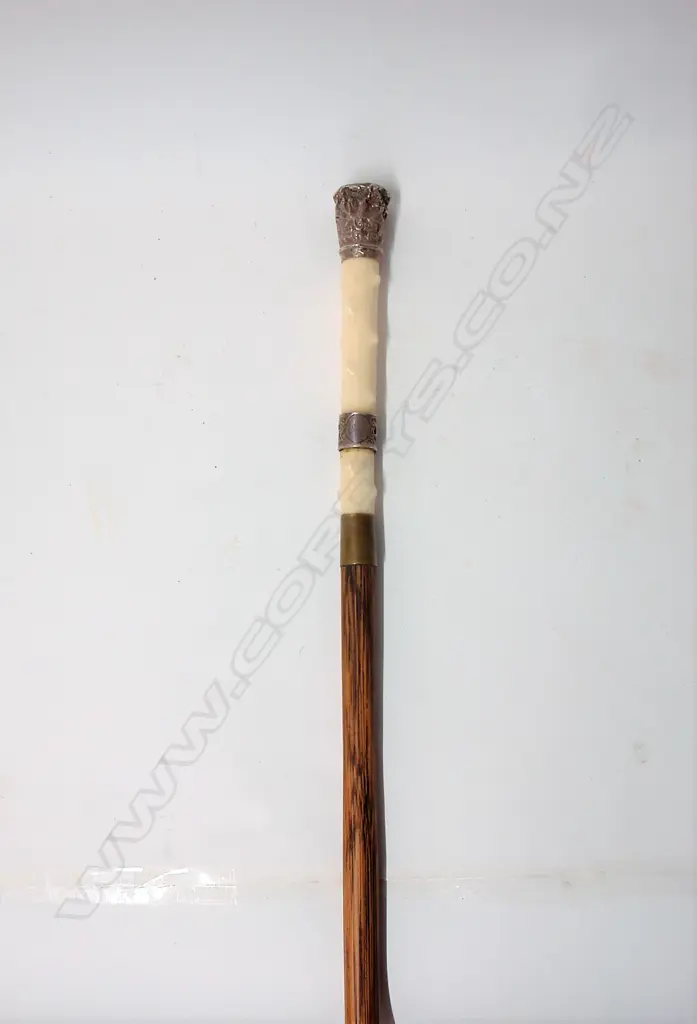 A c.1900 ivory and silver handled malacca cane walking stick Image 1++