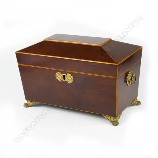 A Regency mahogany sarcophagus shape tea caddy