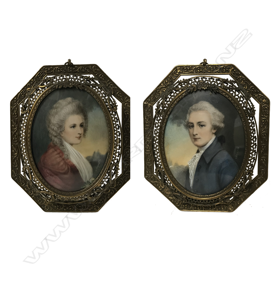 A pair of filigree gilt metal framed miniatures Image 1++