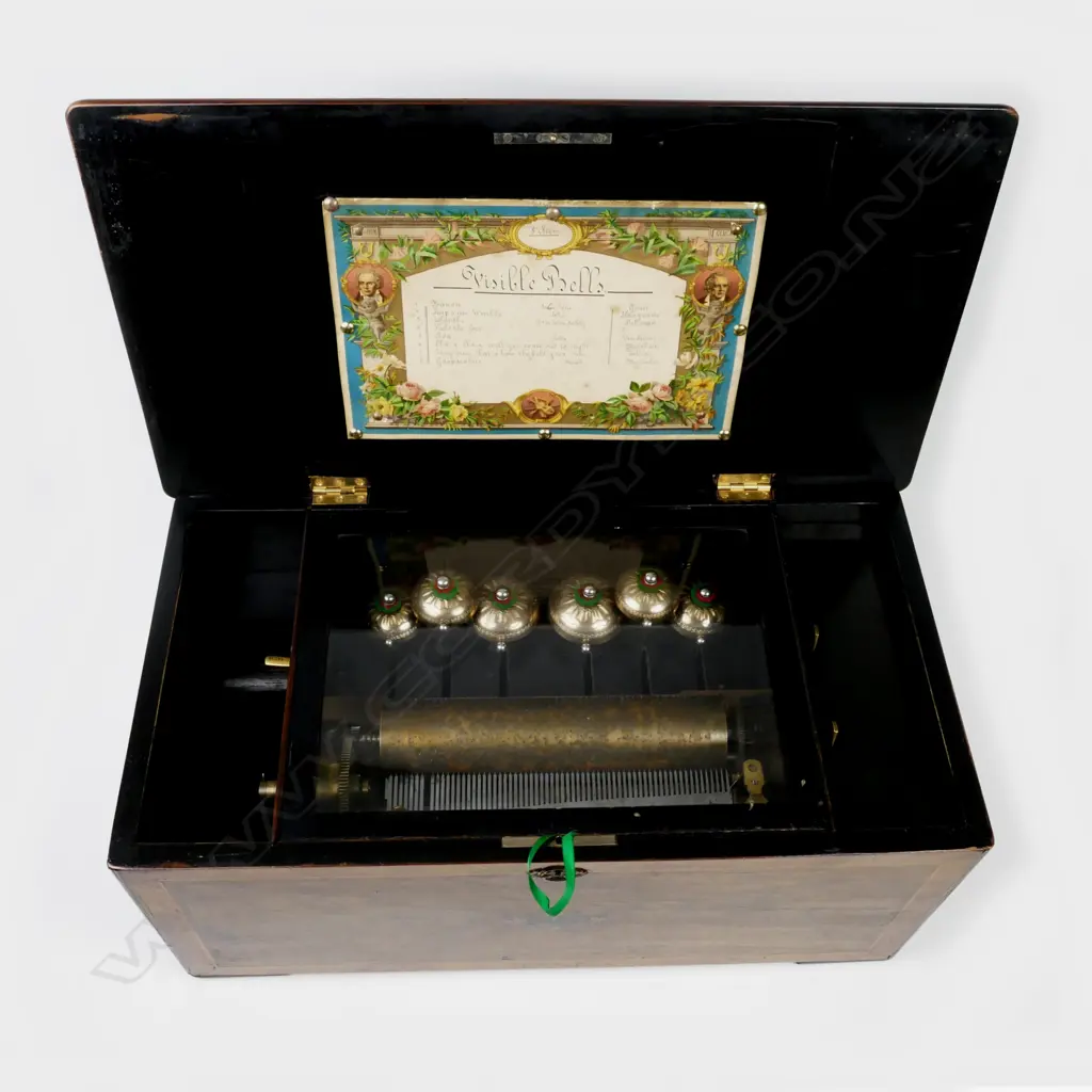 A good 19thC Swiss cylinder music box with six bells Image 1++