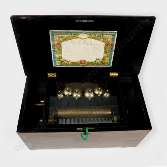 A good 19thC Swiss cylinder music box with six bells