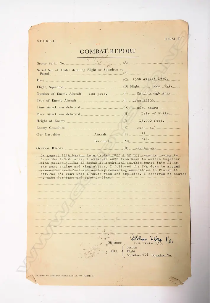 A WWII Squadron 601 Flight 'Combat Report' Image 1++
