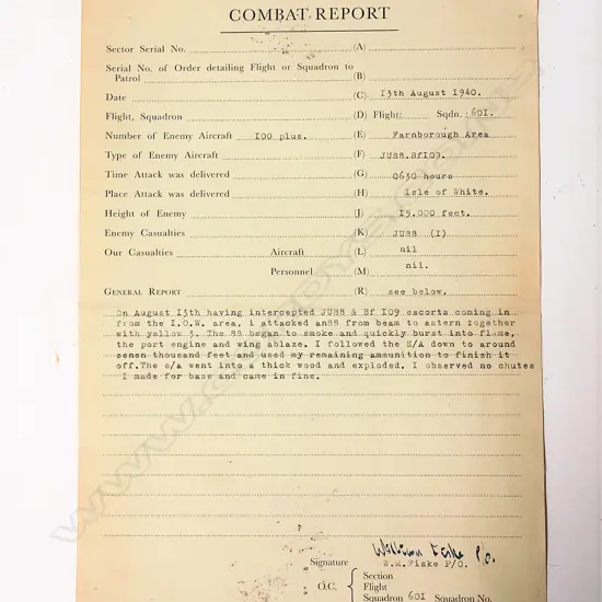 A WWII Squadron 601 Flight 'Combat Report'