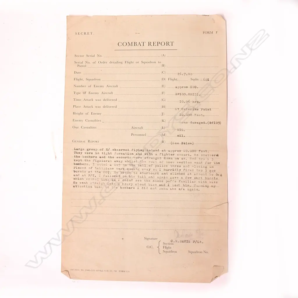 A WWII Battle of Britain 'Combat Report' logged by Flying Officer Carl Raymond Davis Image 1++