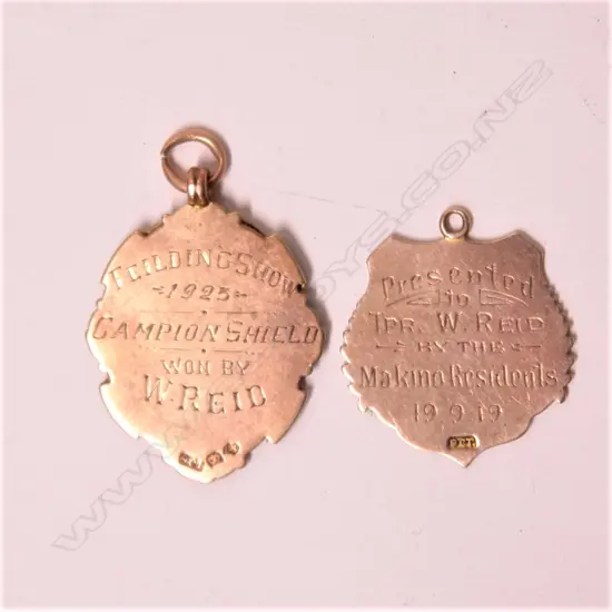 Two WWI 9ct. rose gold presentation fob medallions to W. Reid