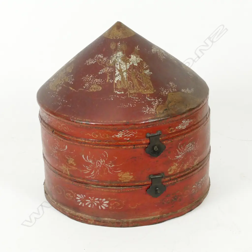 A vintage Chinese leather hat box Image 1++