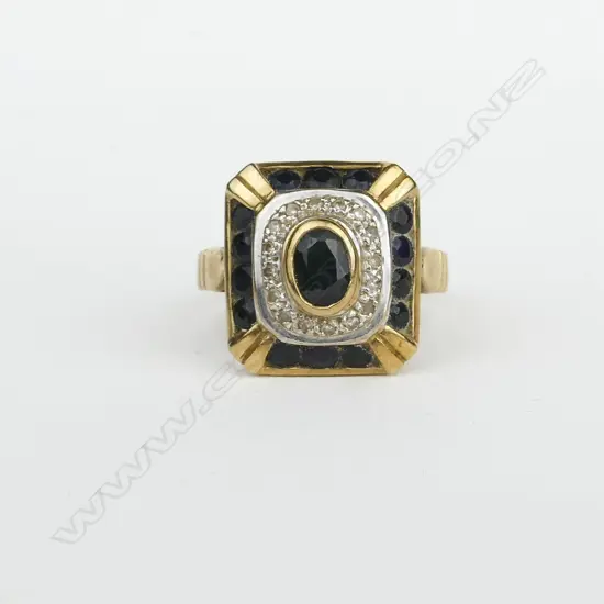 An estate 9ct. yellow gold sapphire and diamond cluster ring
