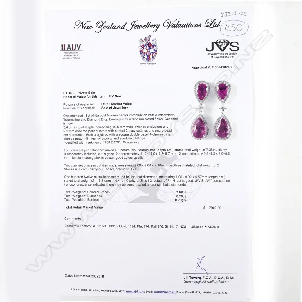A pair of 18ct white gold rubelite and diamond drop earrings Image 1++