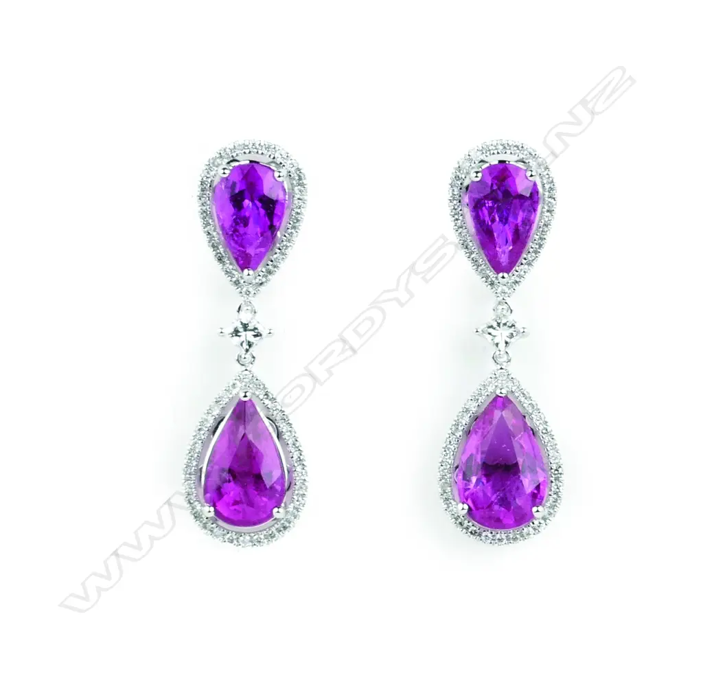 A pair of 18ct white gold rubelite and diamond drop earrings Image 1++