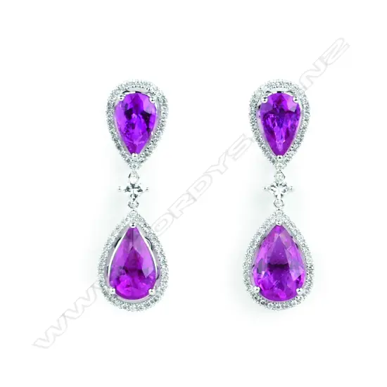 A pair of 18ct white gold rubelite and diamond drop earrings