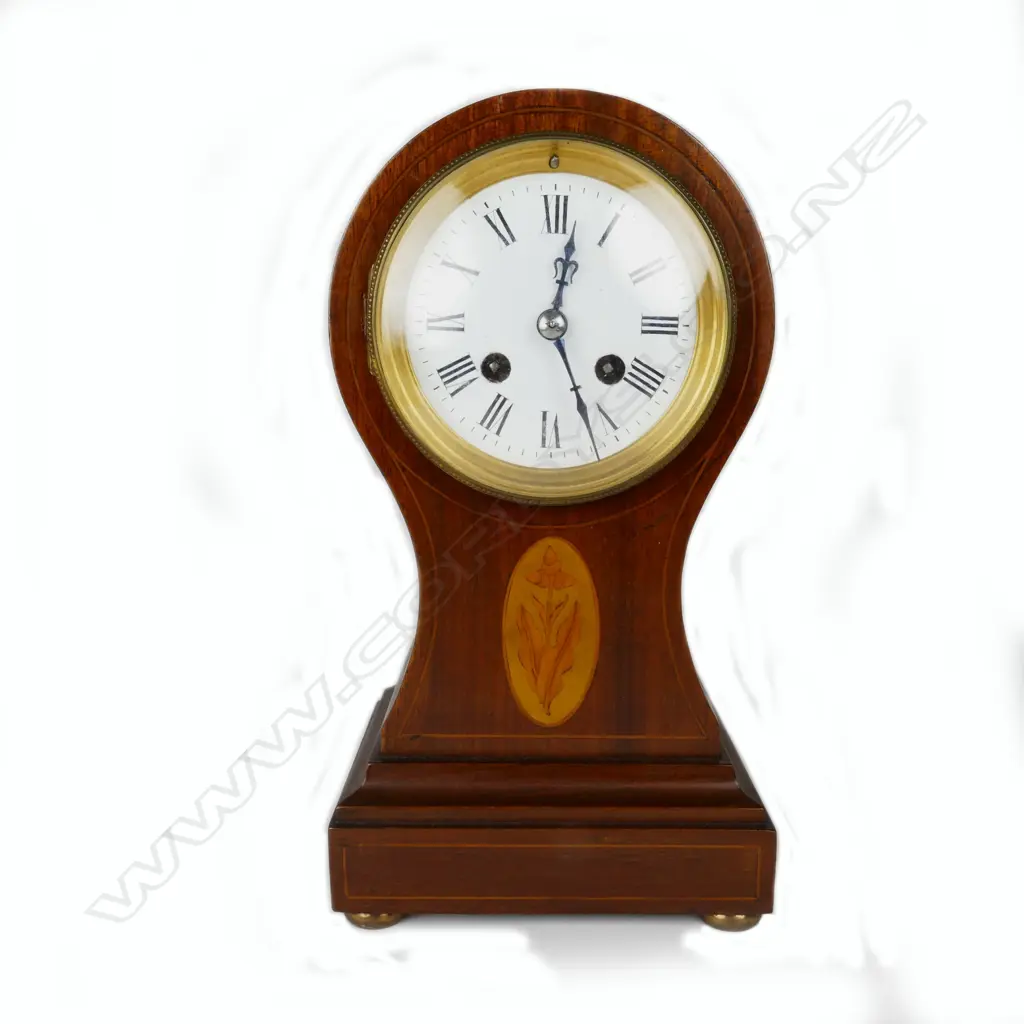 An Edwardian inlaid mahogany balloon shape Sheraton Revival mantel clock Image 1++