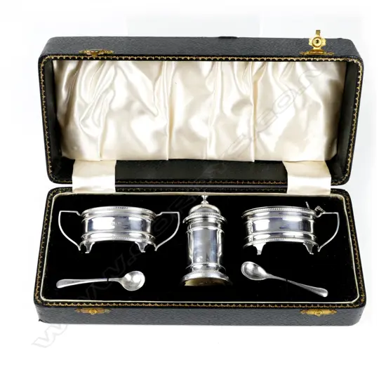 A boxed silver condiment set
