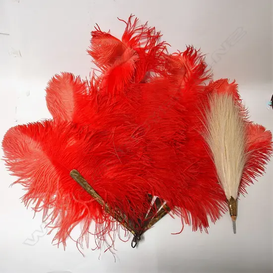 An early 20thC red stained ostrich feather fan and hat adornment