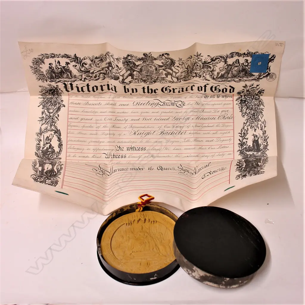 Sir George Morris O'Rorke's hand-written Royal Presentation Knight Bachelor Certificate with associated Queen's seal Image 1++