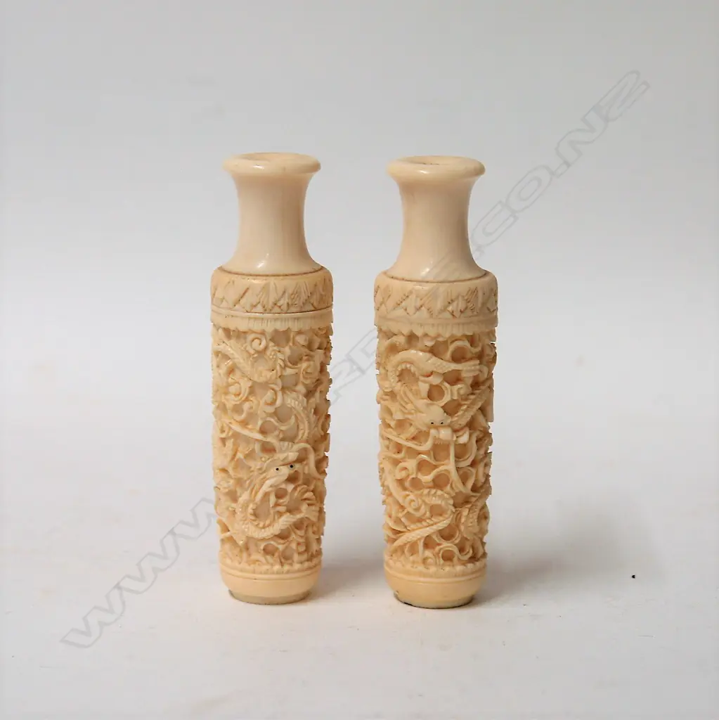 A pair of old Chinese carved ivory small urns Image 1++