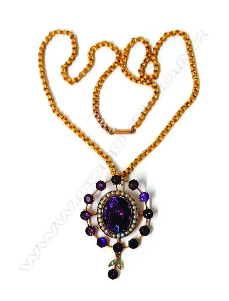 An early 20thC 9ct. amethyst and seed pearl pendant on chain Image 1++