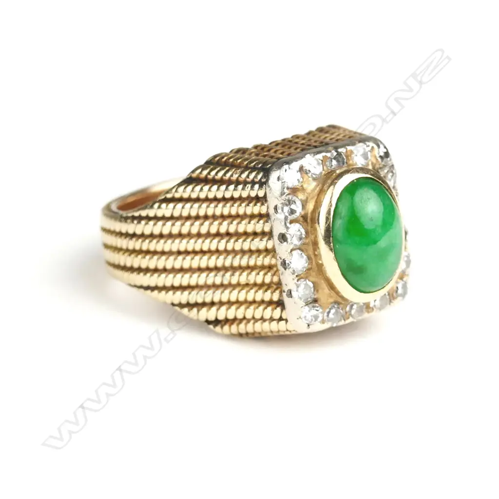A substantial vintage 14ct. yellow gold jade and diamond dress ring Image 1++