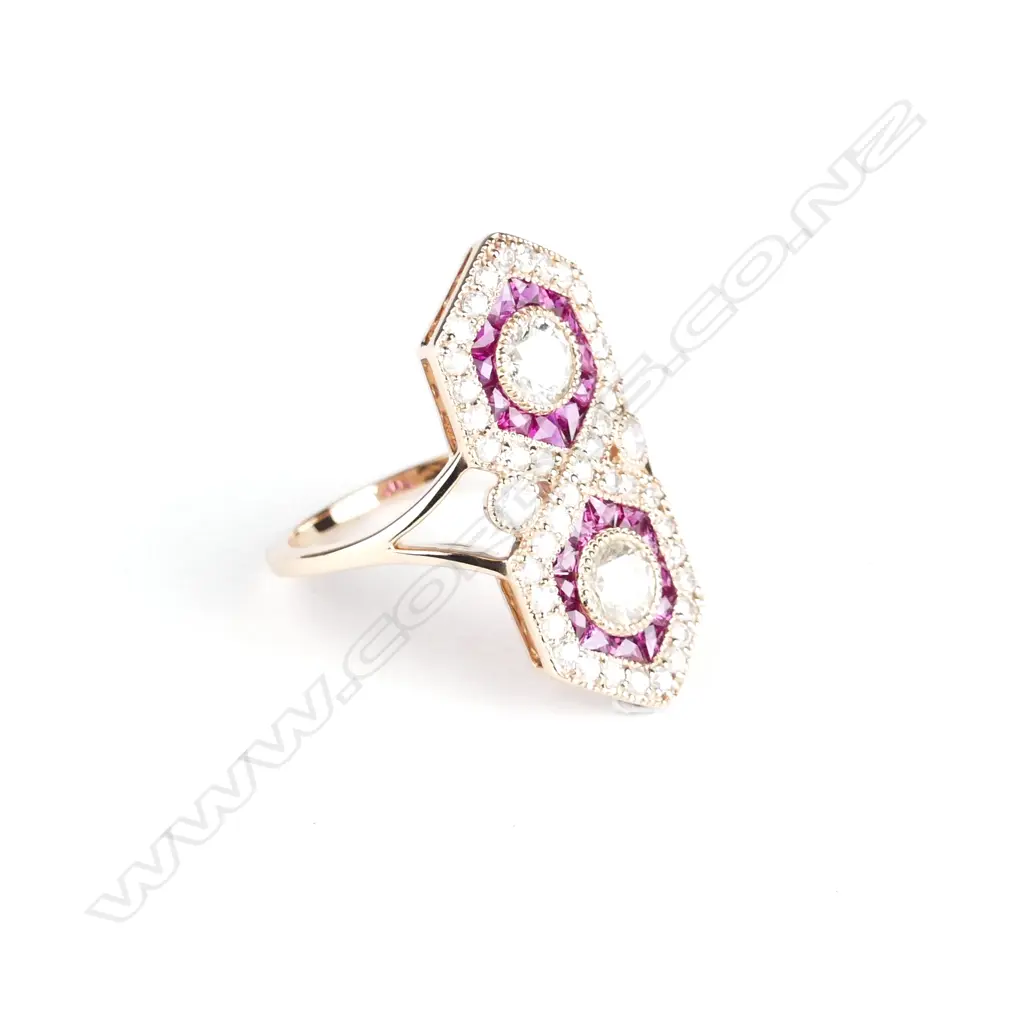 A 14ct. rose gold ruby and diamond Art Deco style ring Image 1++