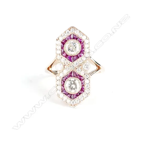 A 14ct. rose gold ruby and diamond Art Deco style ring