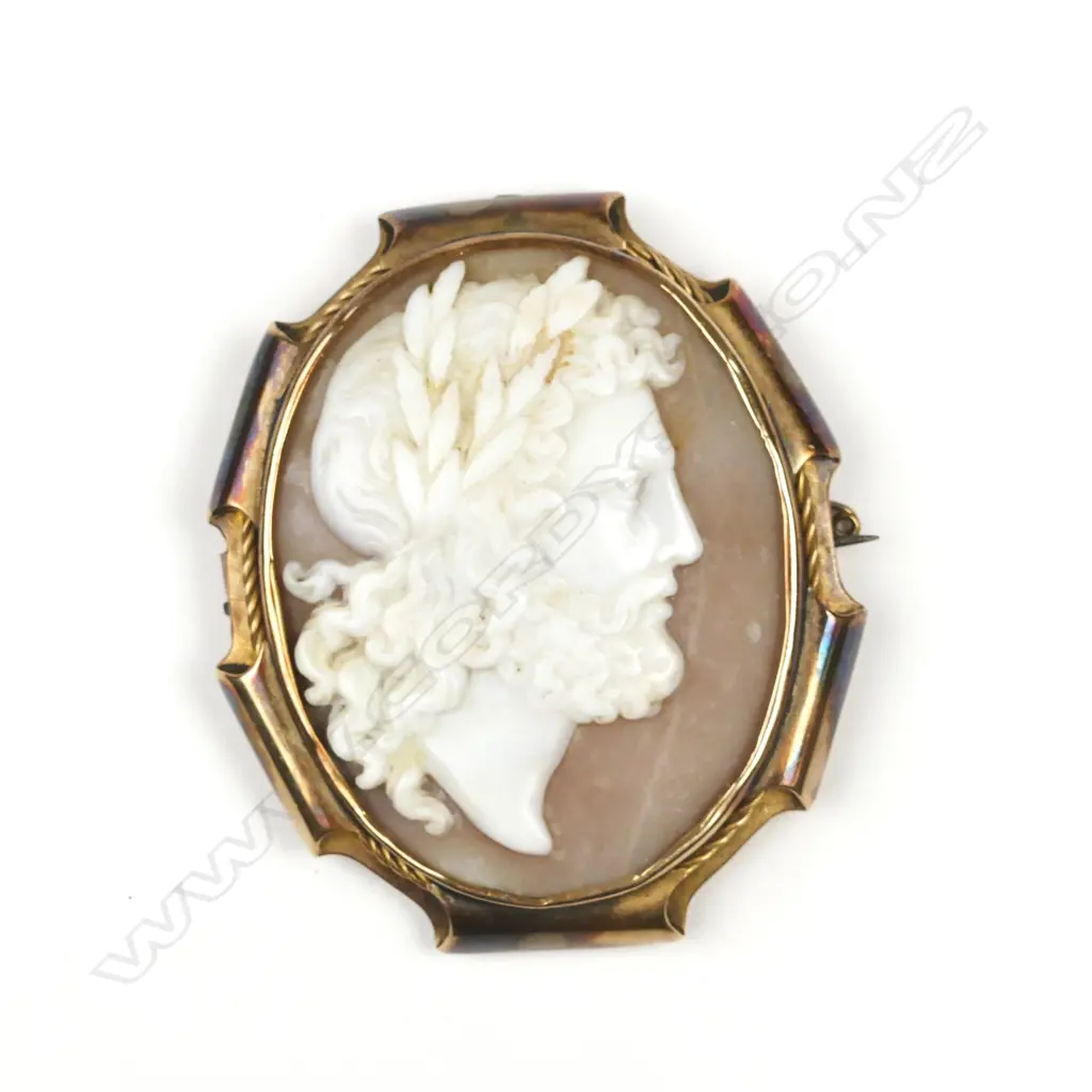 A c.1900 'Kohn' N.Z. made 15ct. rose gold framed cameo brooch Image 1++
