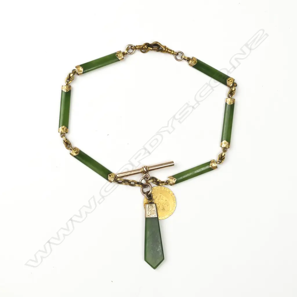 A c.1900 9ct. yellow gold and nephrite fob chain necklace Image 1++