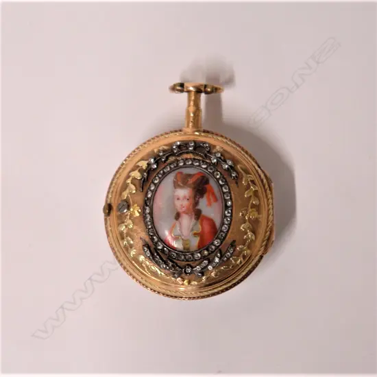 A rare late 18thC French Jacques Gudin enamelled and coloured 18ct. gold fob watch