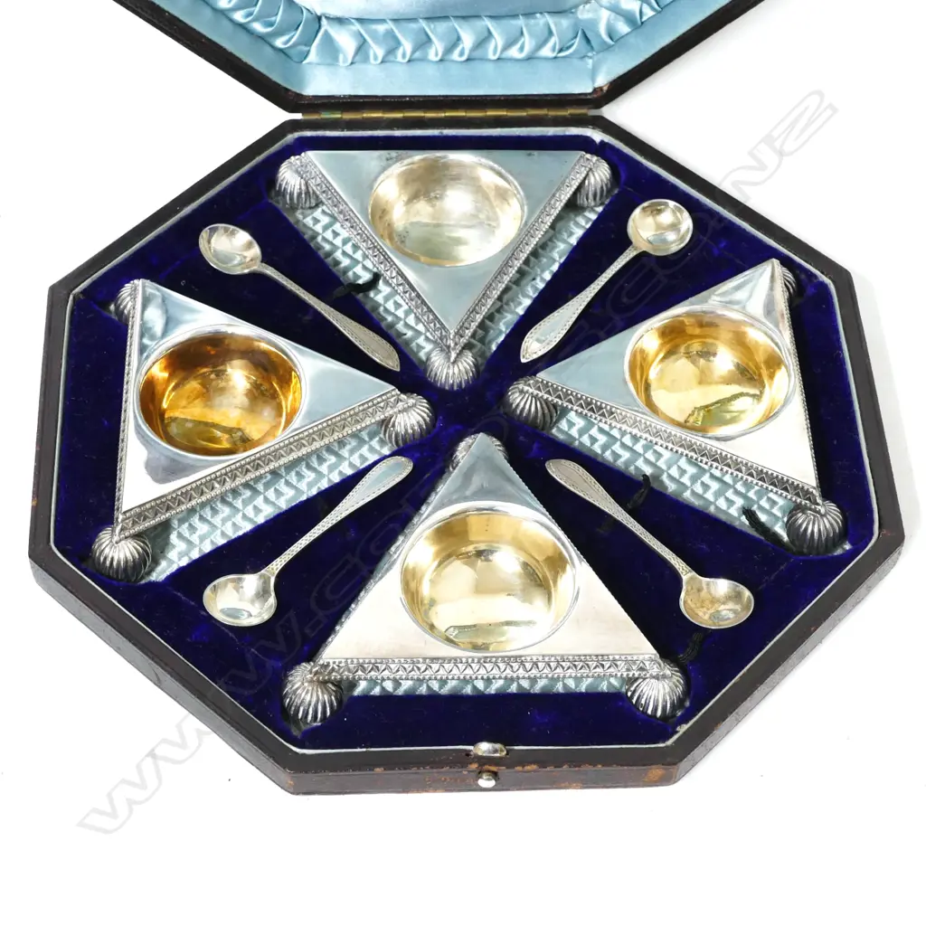 A box set of four Victorian Roberts and Belk silver plated Egyptian Revival salts Image 1++