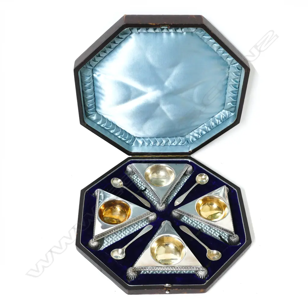 A box set of four Victorian Roberts and Belk silver plated Egyptian Revival salts Image 1++