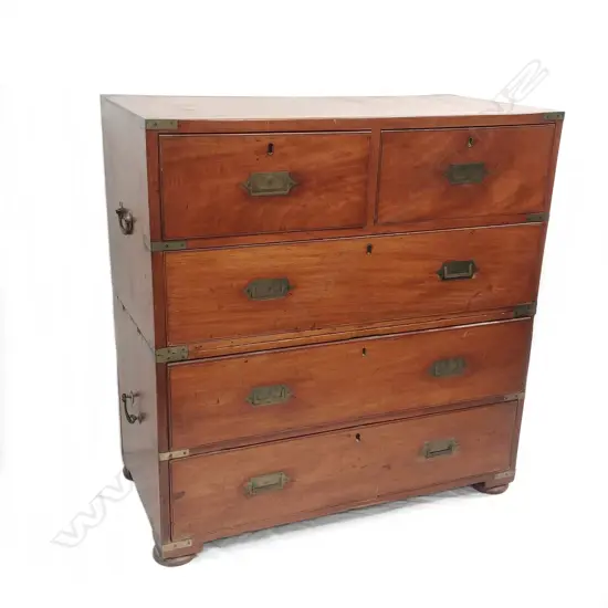 A 19thC teak two-stage campaign chest of attractive small proportions