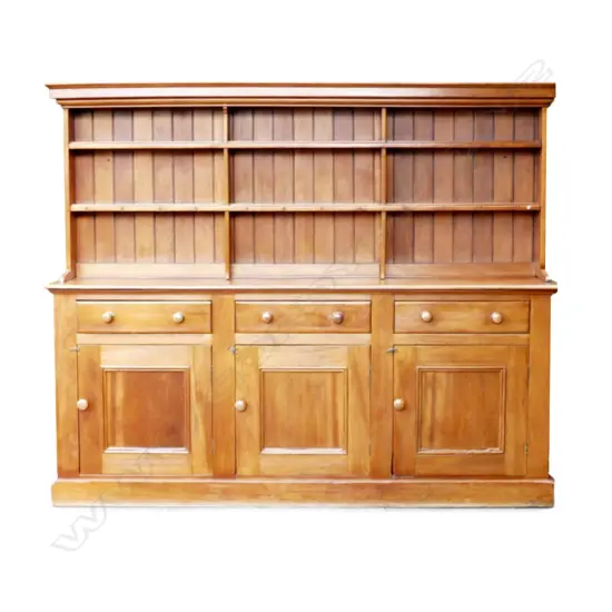 A large old N.Z. kauri farmhouse two-stage kitchen dresser