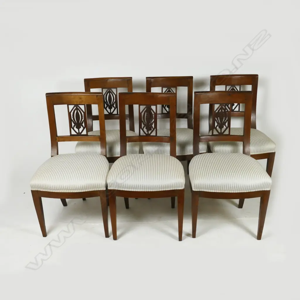 A set of six 19thC French walnut bar-back dining chairs with pineapple carved and pierced splats Image 1++