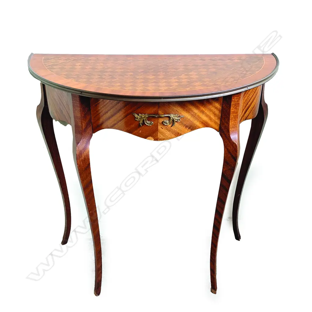 A small reproduction French mahogany demi-lune side table Image 1++