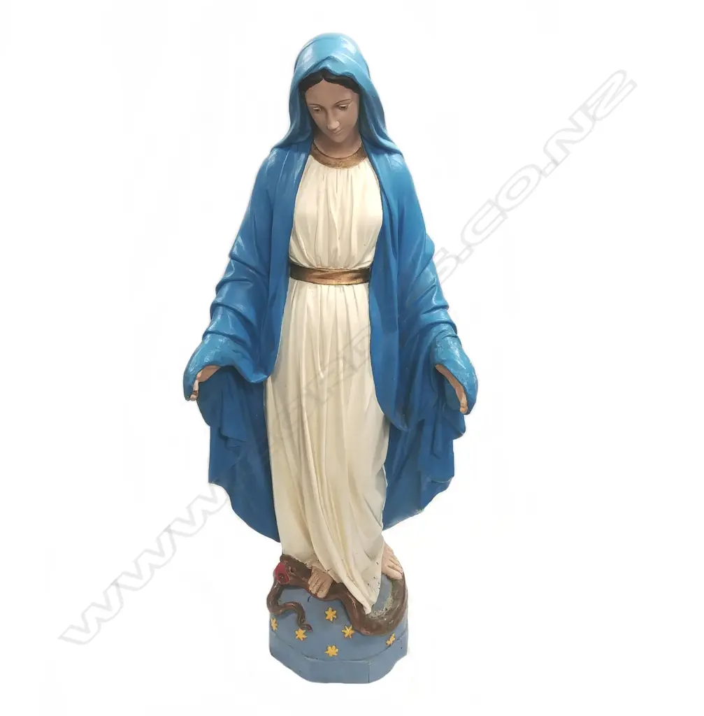 A concrete statue of Mary with polychrome painted decoration Image 1++