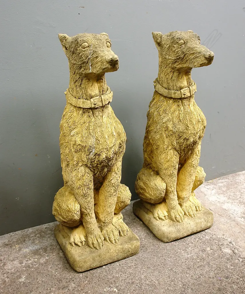 A pair of church stone classical seated hound dogs Image 1++