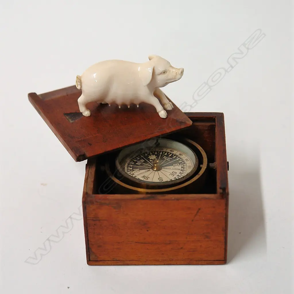 A c.1900 small gimballed compass and finely carved ivory pig Image 1++