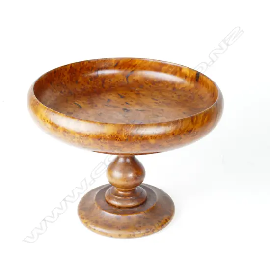 A N.Z. colonial burr totara circular stem dish on baluster pedestal