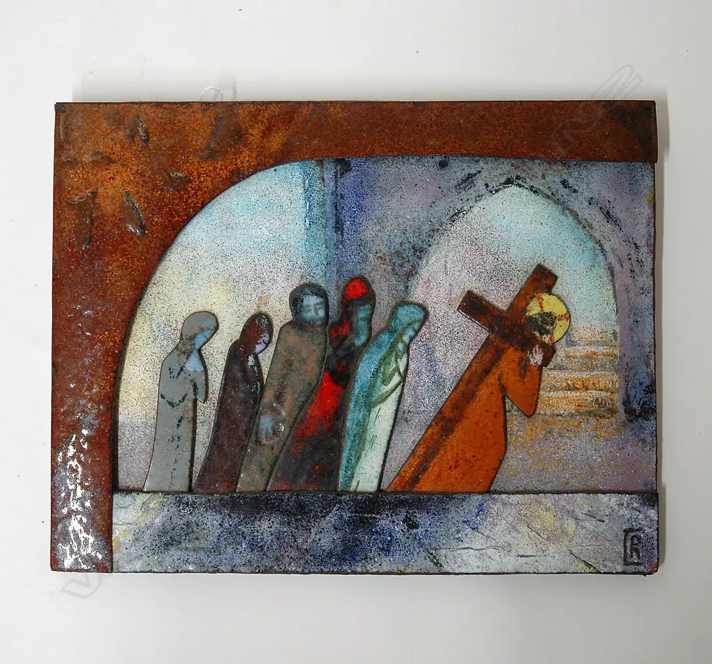 A vintage enamelled copper ecclesiastical themed artwork Image 1++