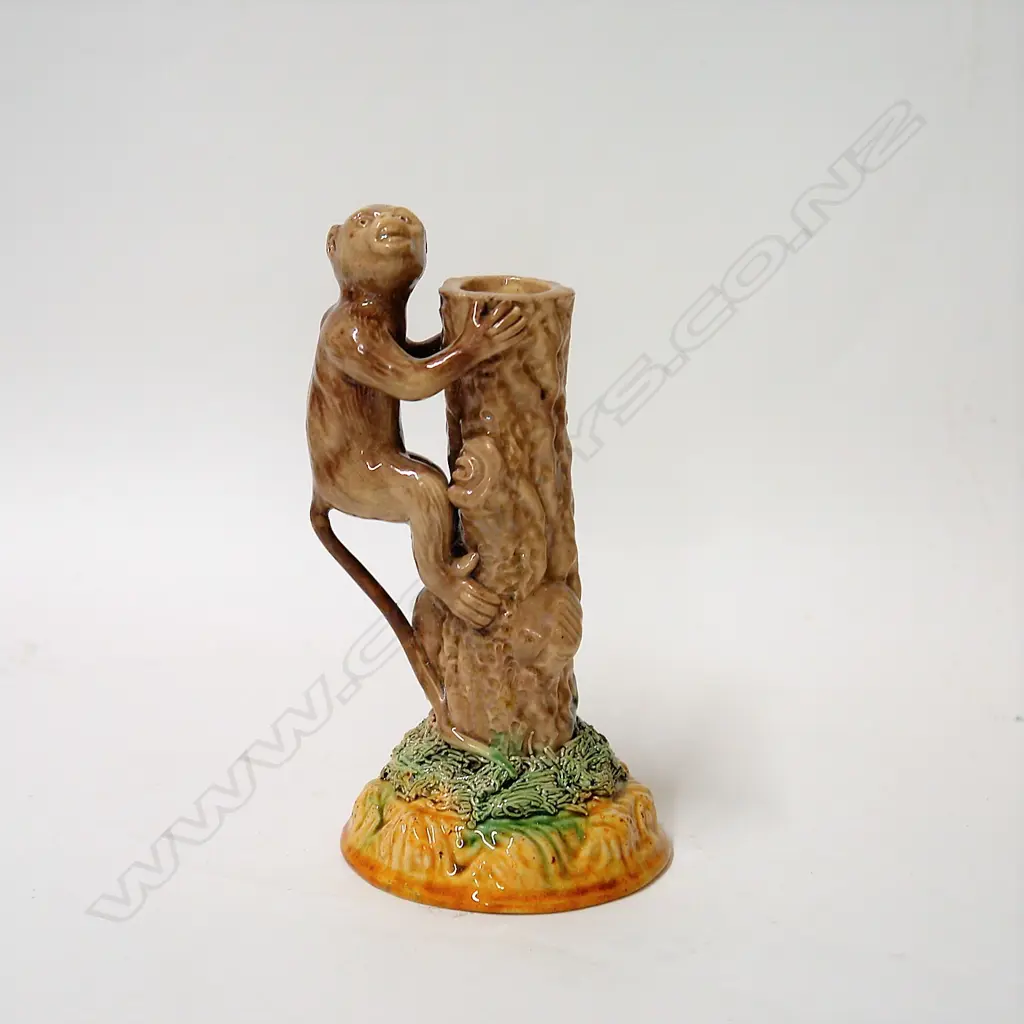 A vintage Portuguese majolica monkey figured candlestick Image 1++