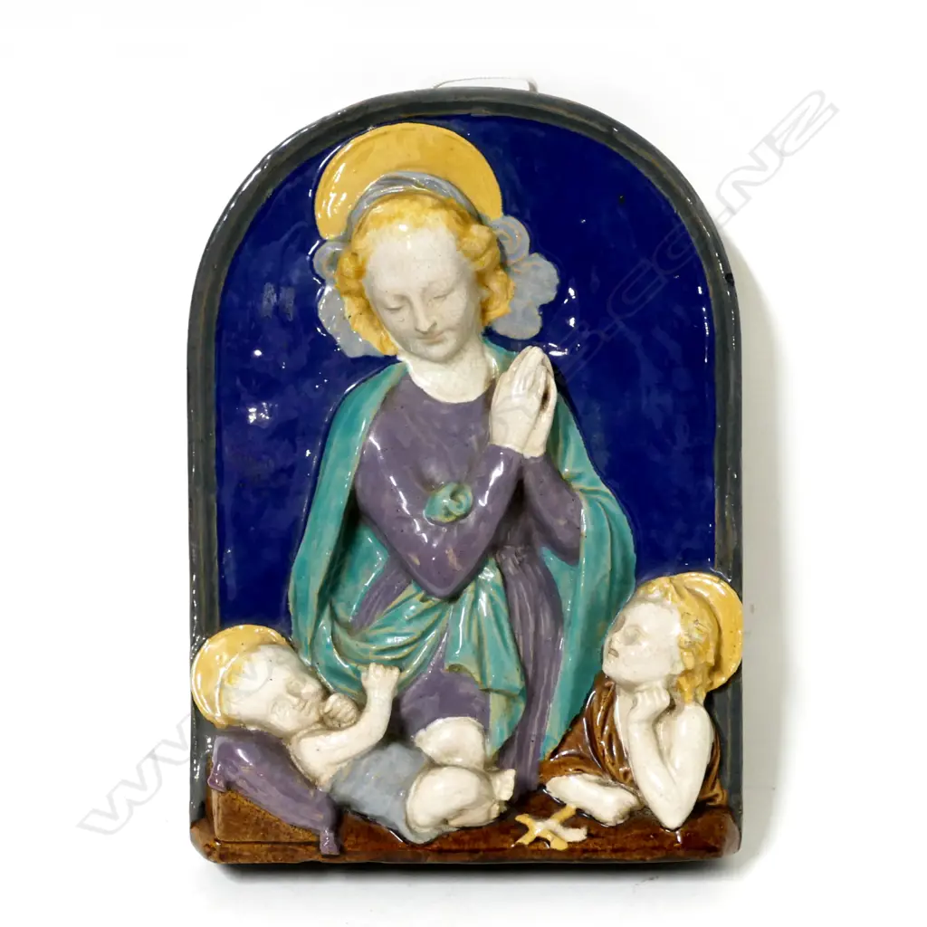 An Italian majolica Madonna with child and angel wall hanging Image 1++