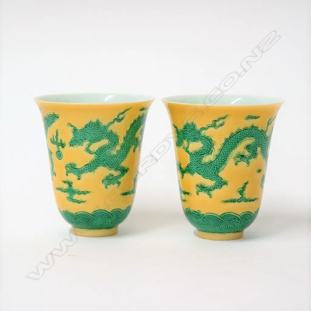 A quality pair of Imperial yellow and green porcelain wine cups Image 1++