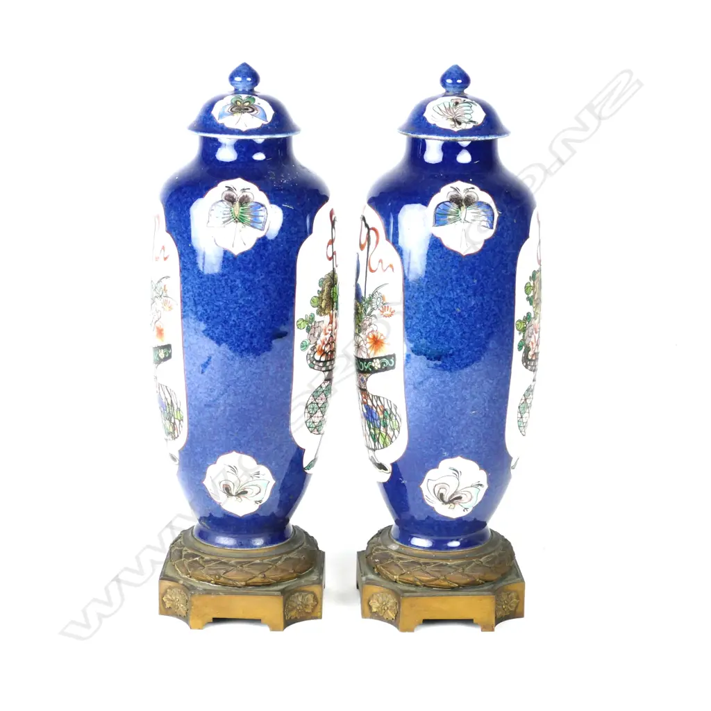 A pair of 18th/19thC fine Chinese decorated speckled blue ground lidded baluster vases Image 1++